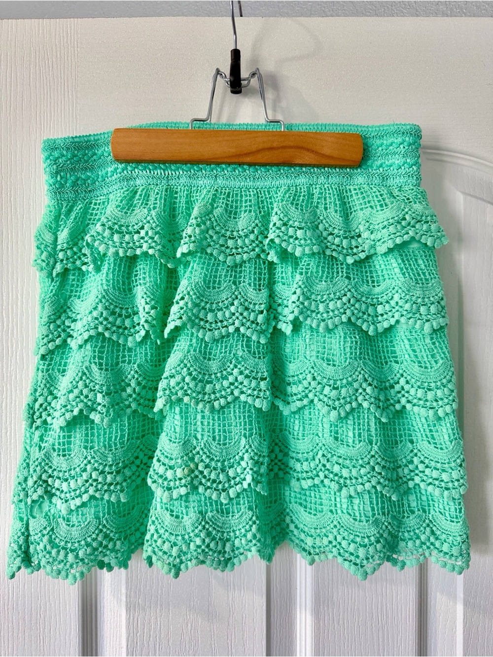 Mint Seafoam Green Crochet Tiered Scalloped Mini Skirt - Bohemian Vintage Ruffle